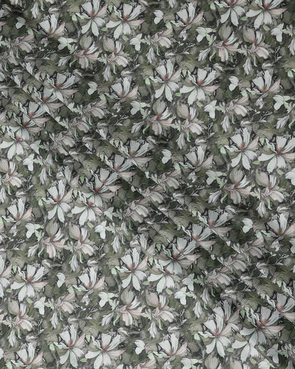 Olive Green Floral Cotton Lawn Fabric 140cm