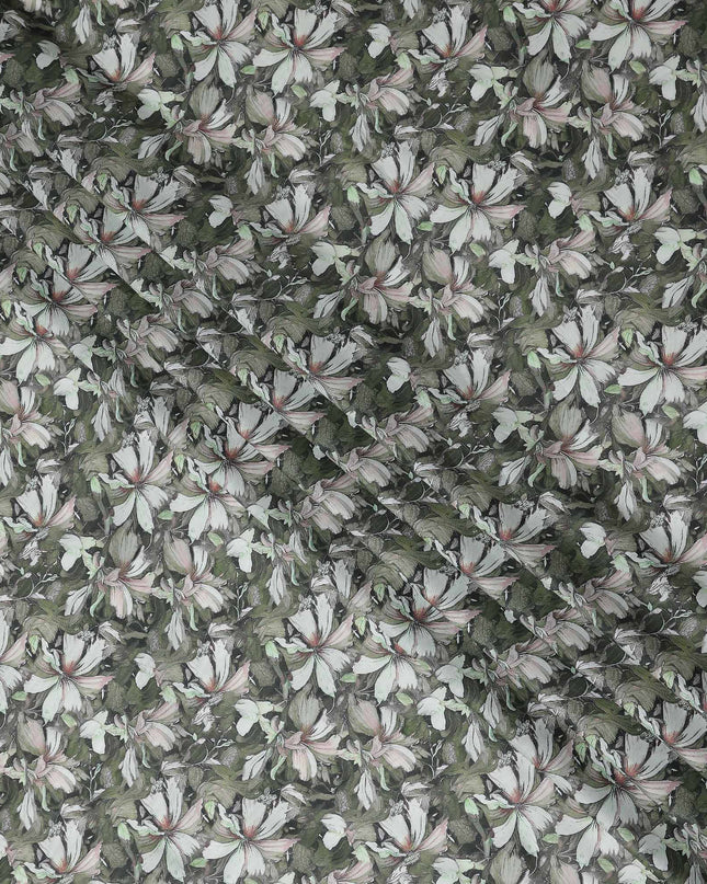 Olive Green Floral Cotton Lawn Fabric 140cm