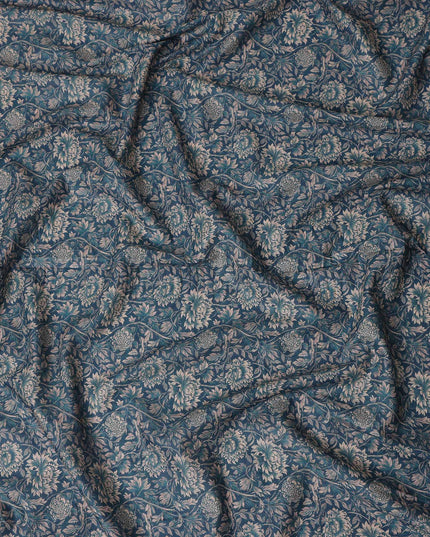 Teal Blue Floral Cotton Lawn Fabric 140cm