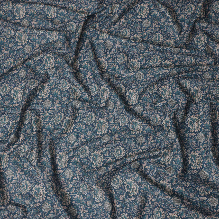 Teal Blue Floral Cotton Lawn Fabric 140cm