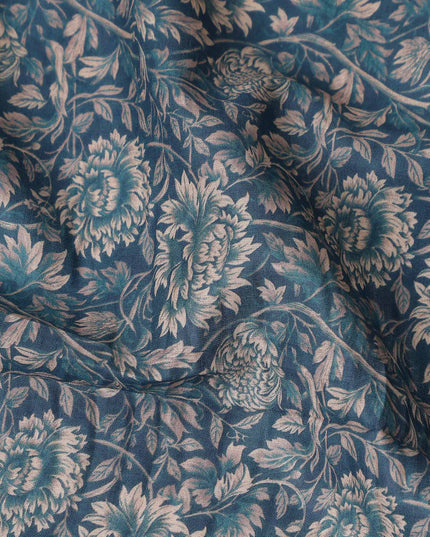 Teal Blue Floral Cotton Lawn Fabric 140cm