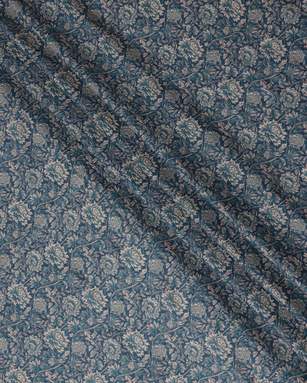 Teal Blue Floral Cotton Lawn Fabric 140cm