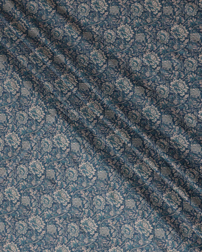 Teal Blue Floral Cotton Lawn Fabric 140cm