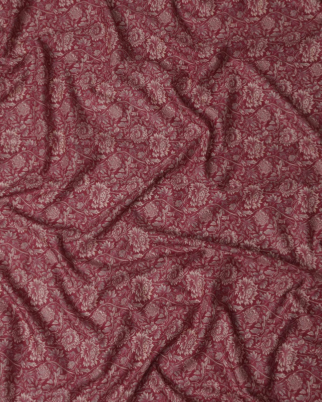 Burgundy Maroon Floral Cotton Lawn Fabric 140cm
