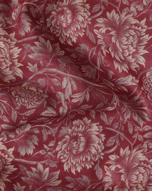 Burgundy Maroon Floral Cotton Lawn Fabric 140cm