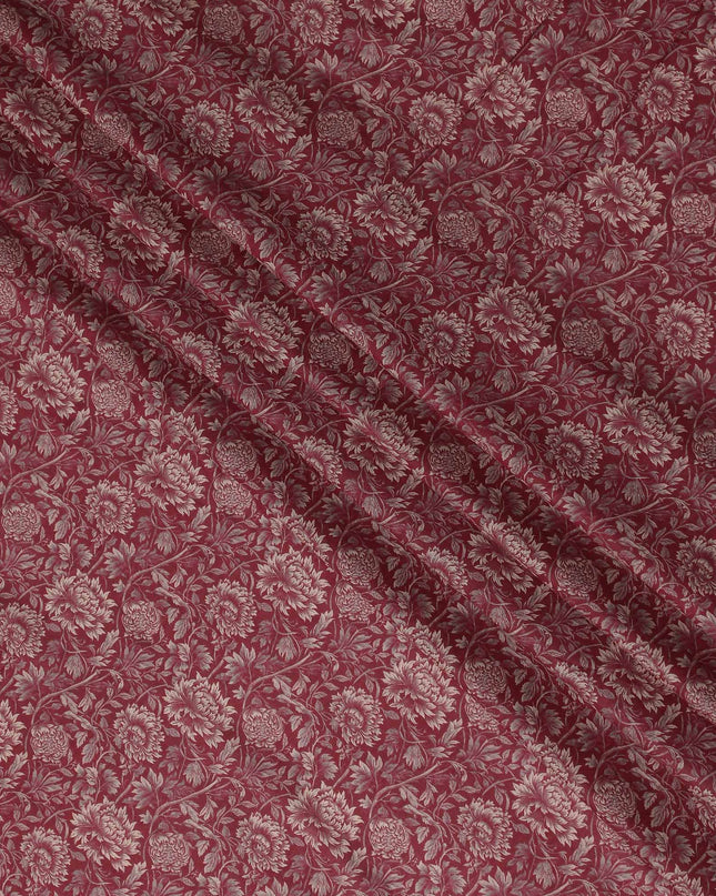 Burgundy Maroon Floral Cotton Lawn Fabric 140cm