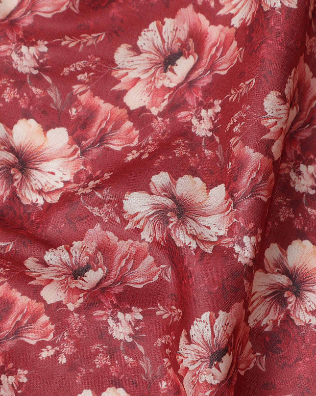 Brick Red Floral Cotton Lawn Fabric 140cm