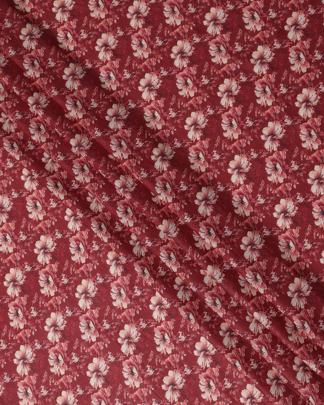 Brick Red Floral Cotton Lawn Fabric 140cm