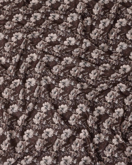 Chocolate Brown Floral Cotton Lawn Fabric 140cm
