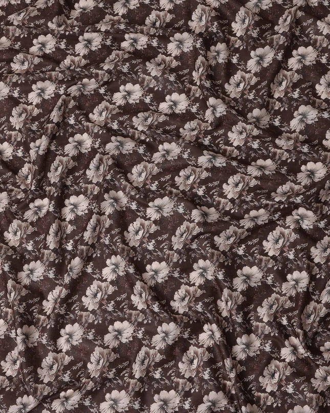 Chocolate Brown Floral Cotton Lawn Fabric 140cm
