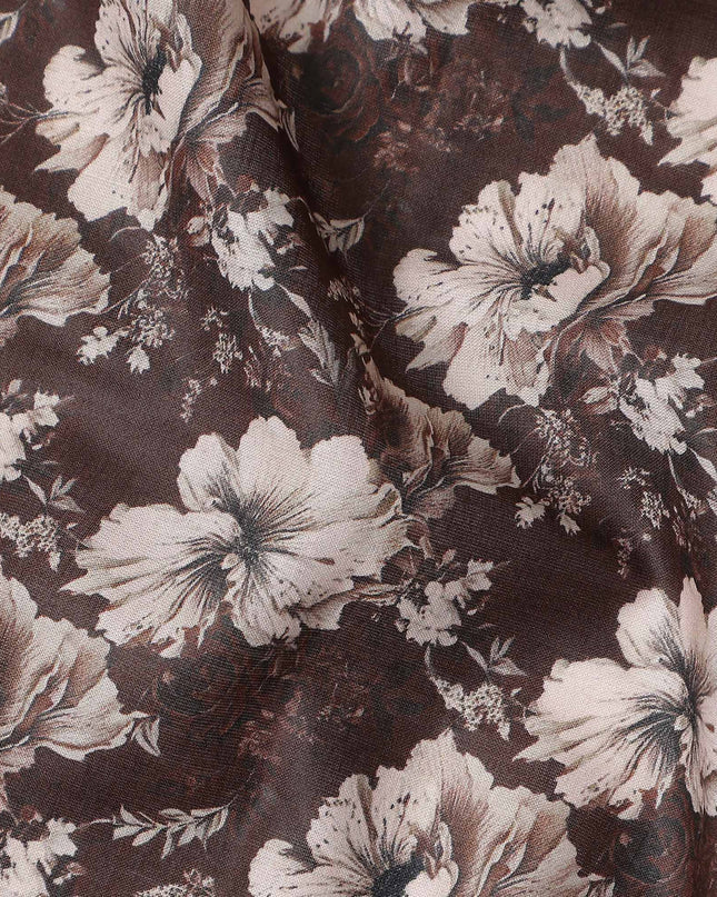 Chocolate Brown Floral Cotton Lawn Fabric 140cm