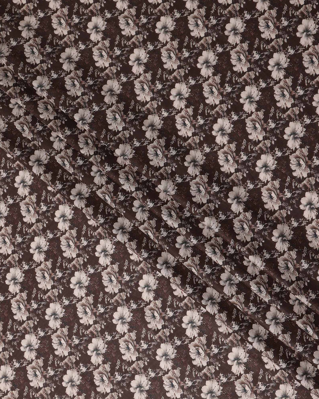 Chocolate Brown Floral Cotton Lawn Fabric 140cm