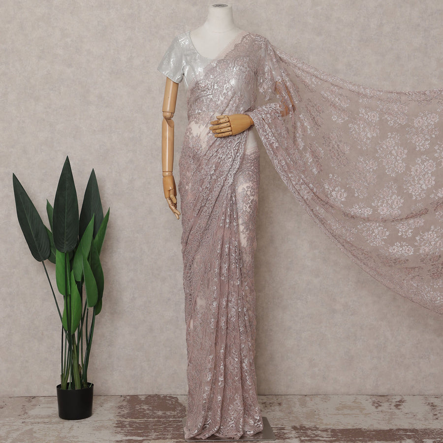 Dusty Rose Pink French Chantilly Lace Saree Piece