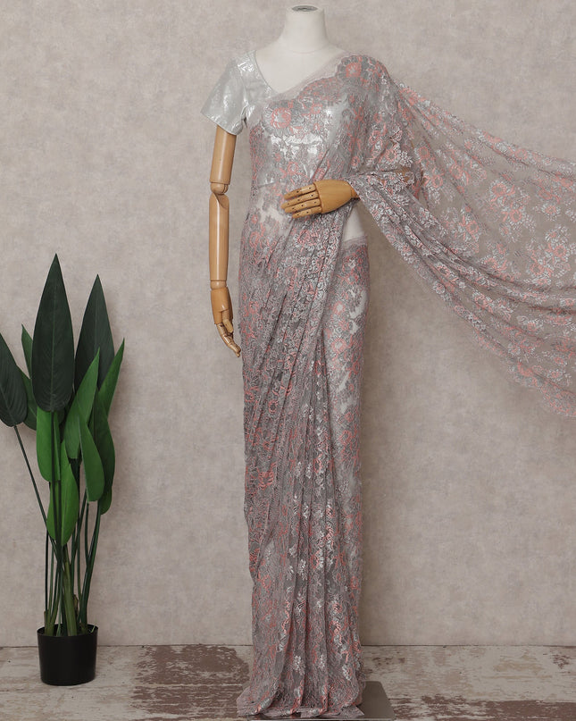 Ash Grey French Chantilly Floral Lace Saree Piece