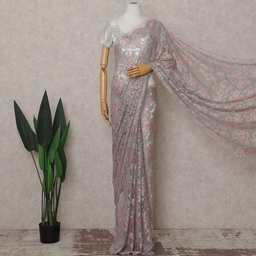 Ash Grey French Chantilly Floral Lace Saree Piece