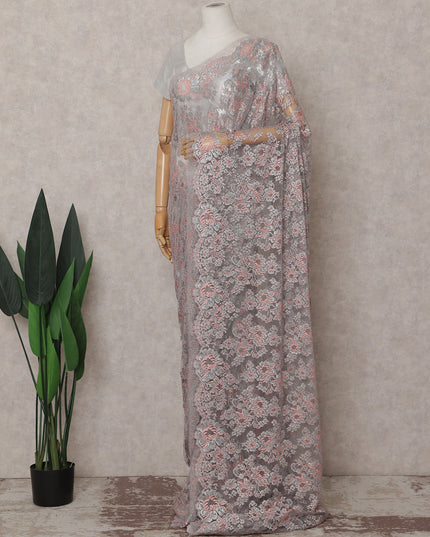 Ash Grey French Chantilly Floral Lace Saree Piece