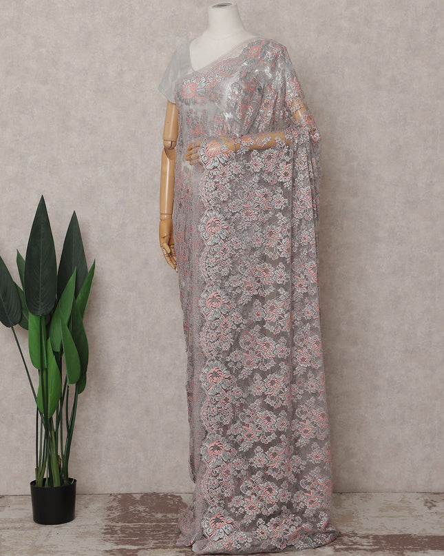 Ash Grey French Chantilly Floral Lace Saree Piece
