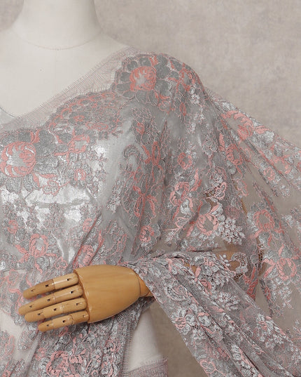 Ash Grey French Chantilly Floral Lace Saree Piece