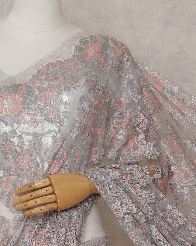 Ash Grey French Chantilly Floral Lace Saree Piece