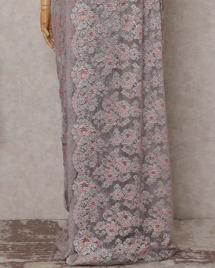 Ash Grey French Chantilly Floral Lace Saree Piece