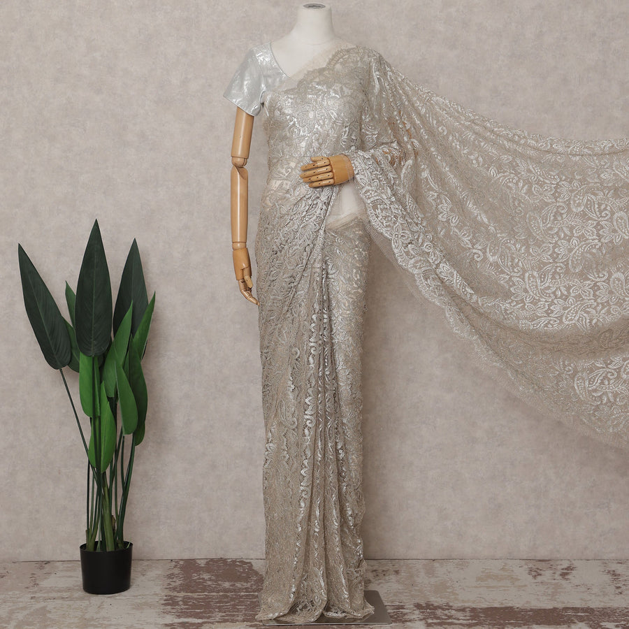Pearl Ivory French Chantilly Lace Saree Piece
