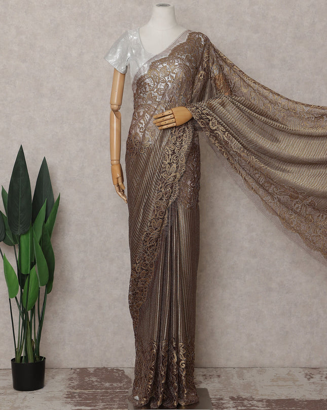 Antique Bronze French Chantilly Border Lace Saree