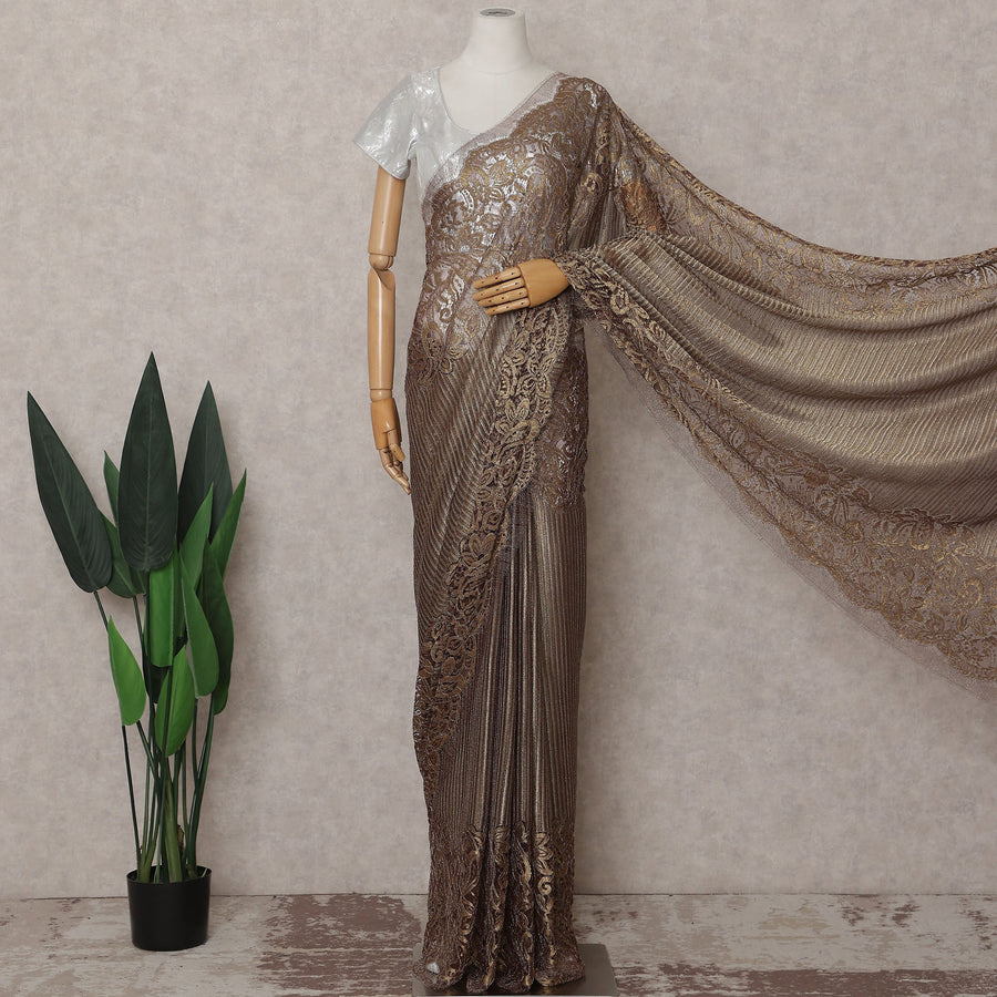 Antique Bronze French Chantilly Border Lace Saree