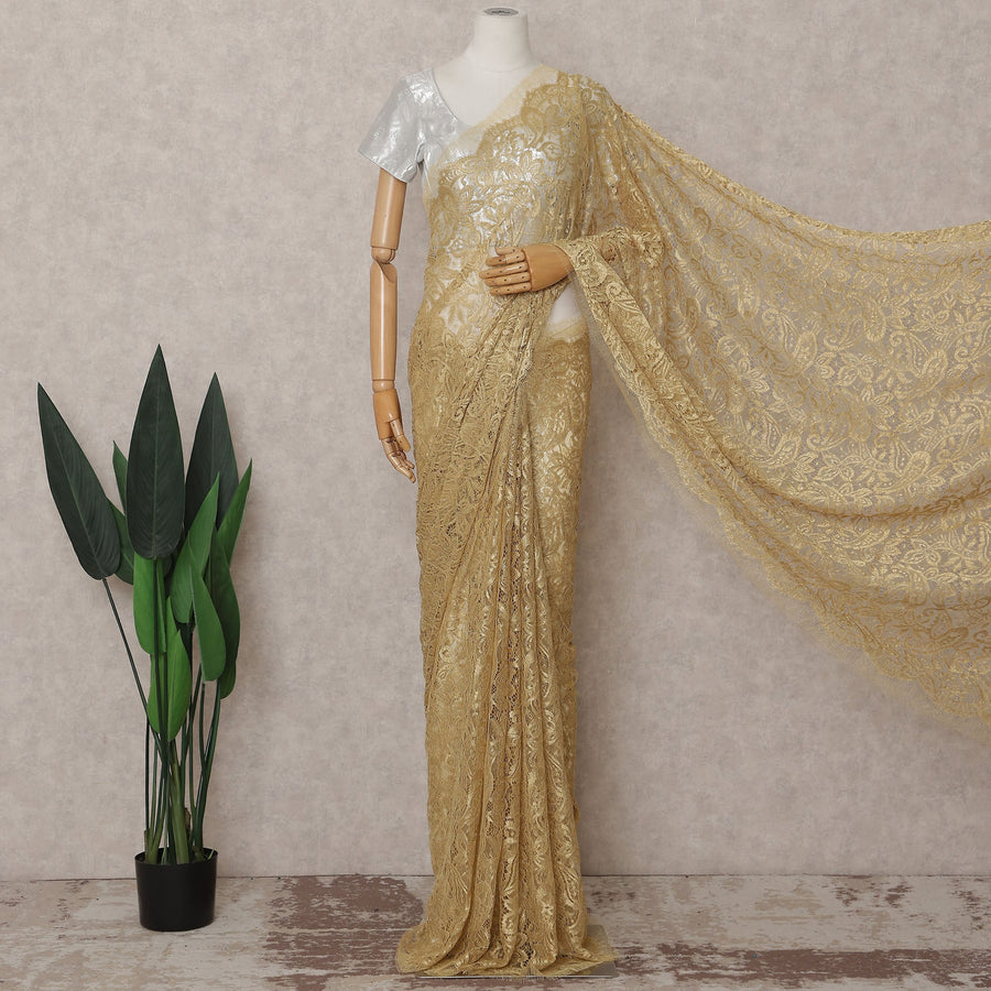 Antique Gold French Chantilly Lace Saree Piece