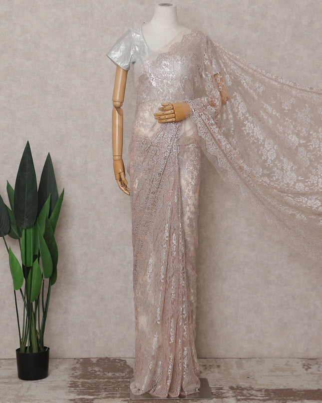 Blush Pink French Chantilly Lace Saree Piece
