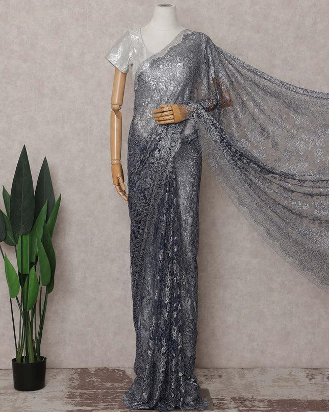 Charcoal Grey French Chantilly Lace Saree Piece