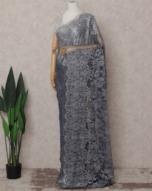 Charcoal Grey French Chantilly Lace Saree Piece