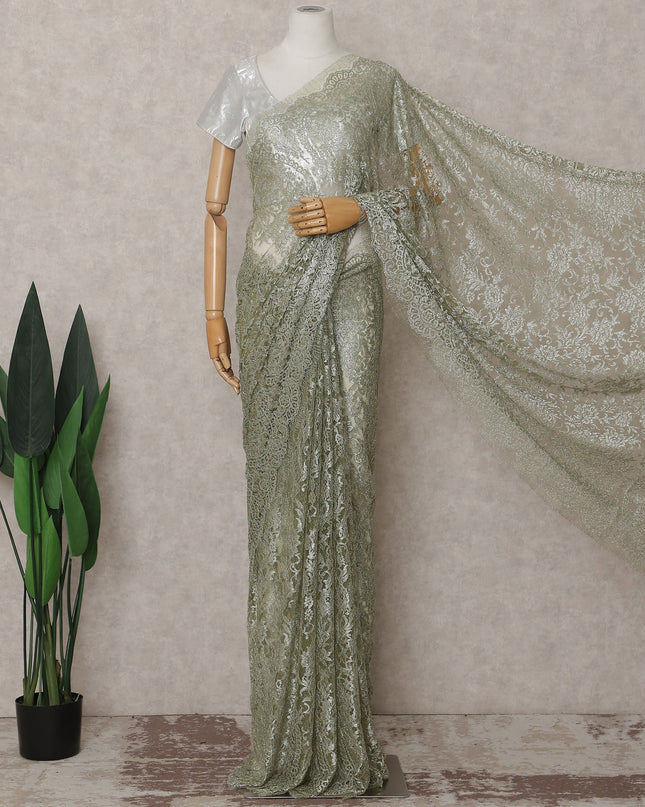 Pistachio Green French Chantilly Lace Saree Piece