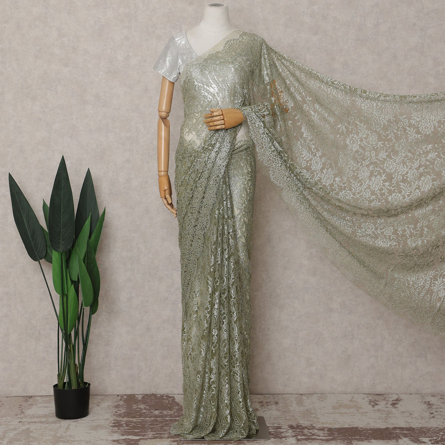Pistachio Green French Chantilly Lace Saree Piece