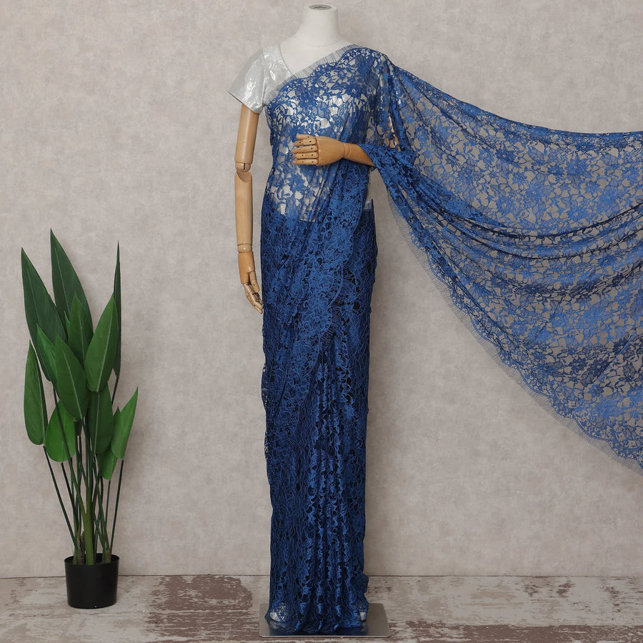 Cobalt Blue French Chantilly Lace Saree 5.5m