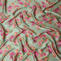 Pale Mint Green Magenta Rose Floral Pure Silk Chiffon Fabric