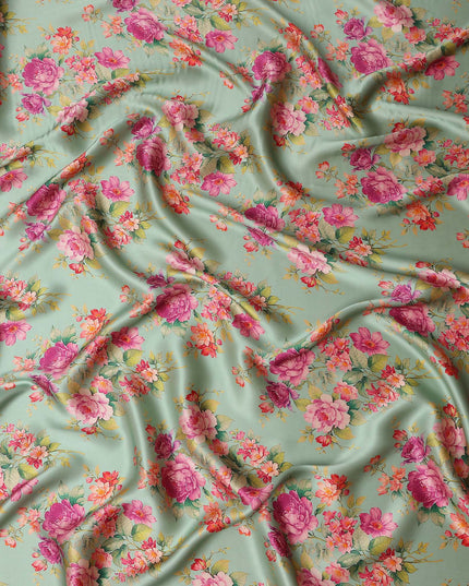 Pale Mint Green Magenta Rose Floral Pure Silk Chiffon Fabric