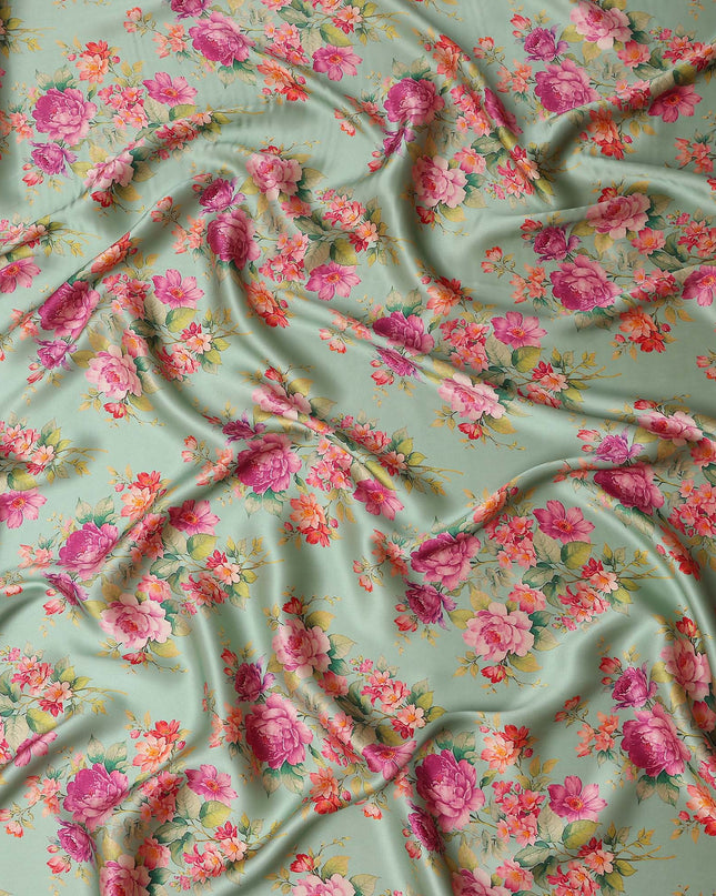 Pale Mint Green Magenta Rose Floral Pure Silk Chiffon Fabric