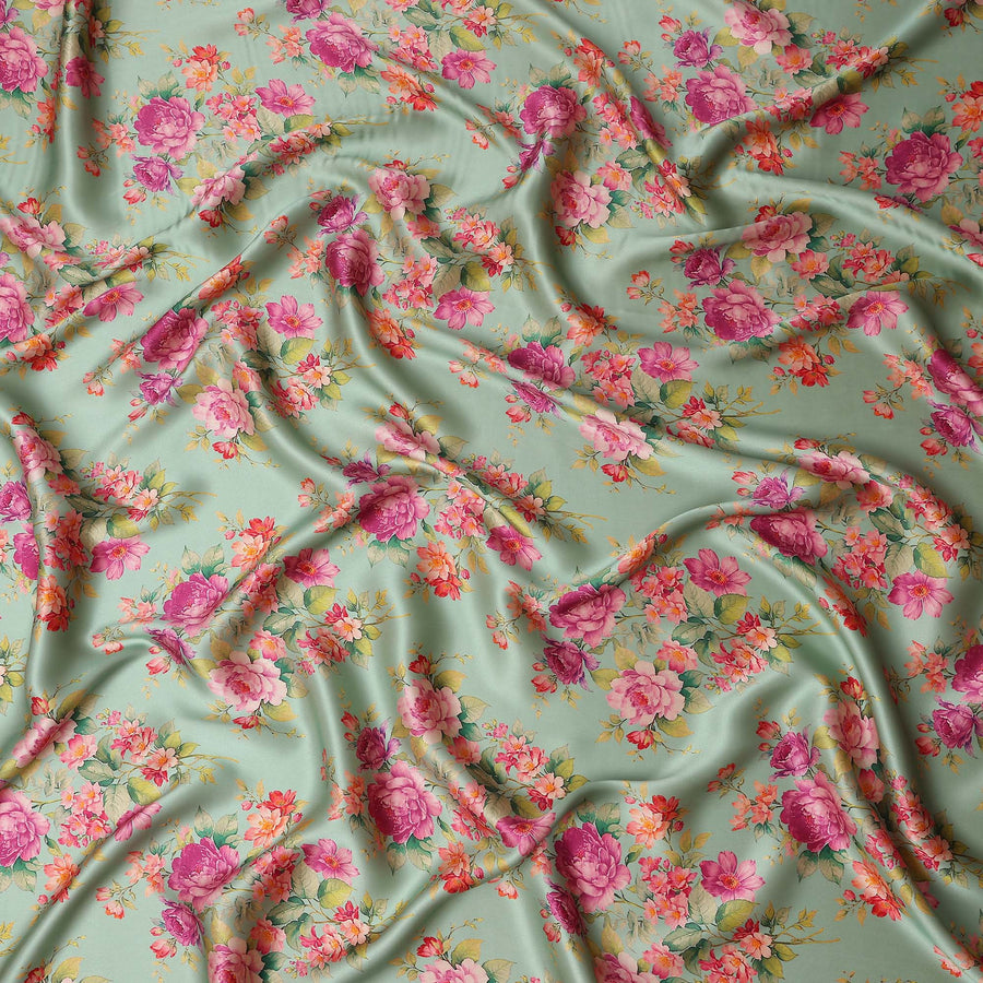 Pale Mint Green Magenta Rose Floral Pure Silk Chiffon Fabric