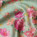 Pale Mint Green Magenta Rose Floral Pure Silk Chiffon Fabric