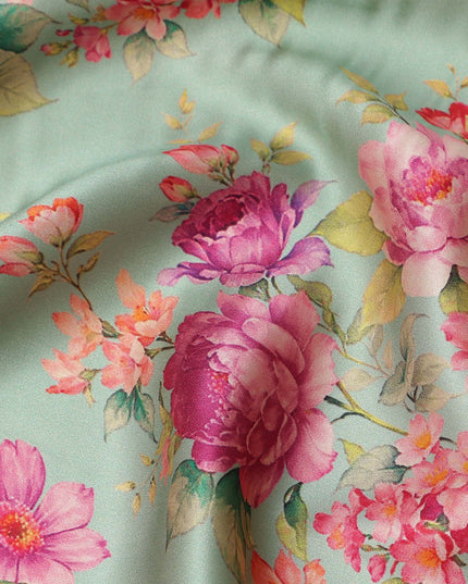 Pale Mint Green Magenta Rose Floral Pure Silk Chiffon Fabric