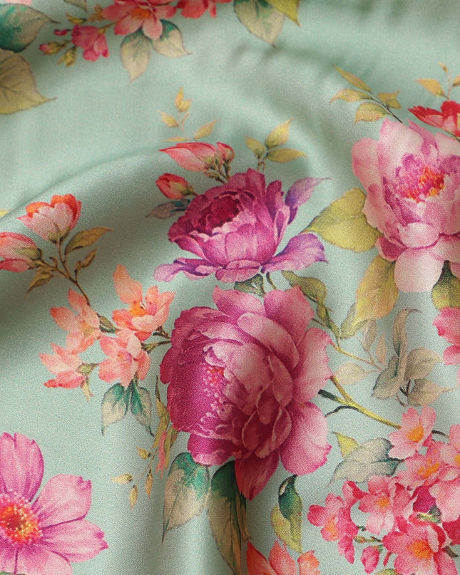 Pale Mint Green Magenta Rose Floral Pure Silk Chiffon Fabric
