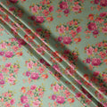 Pale Mint Green Magenta Rose Floral Pure Silk Chiffon Fabric