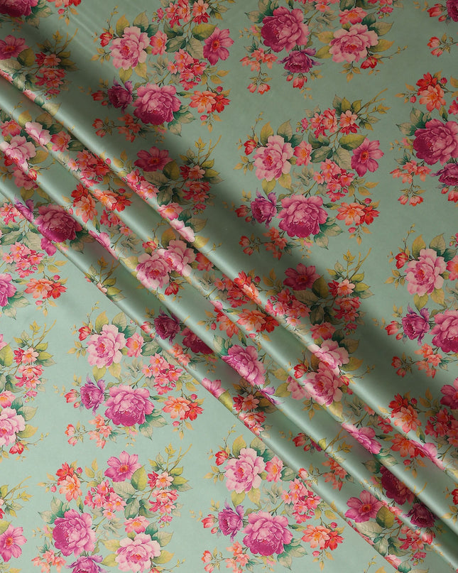 Pale Mint Green Magenta Rose Floral Pure Silk Chiffon Fabric