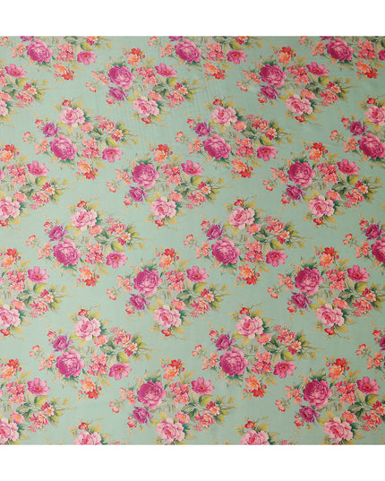 Pale Mint Green Magenta Rose Floral Pure Silk Chiffon Fabric