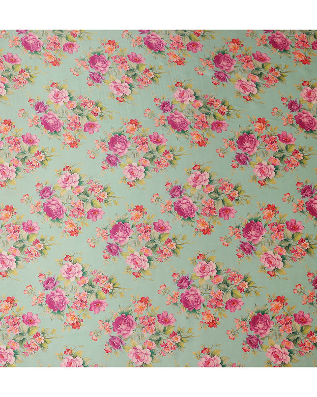 Pale Mint Green Magenta Rose Floral Pure Silk Chiffon Fabric