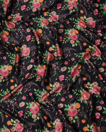 Jet Black Bouquet Floral Silk Satin Fabric 110cm