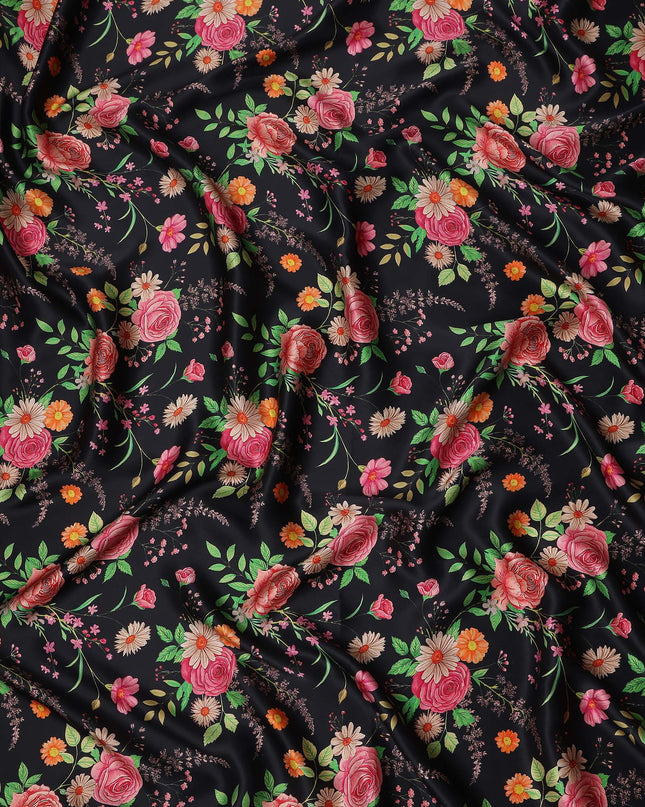 Jet Black Bouquet Floral Silk Satin Fabric 110cm
