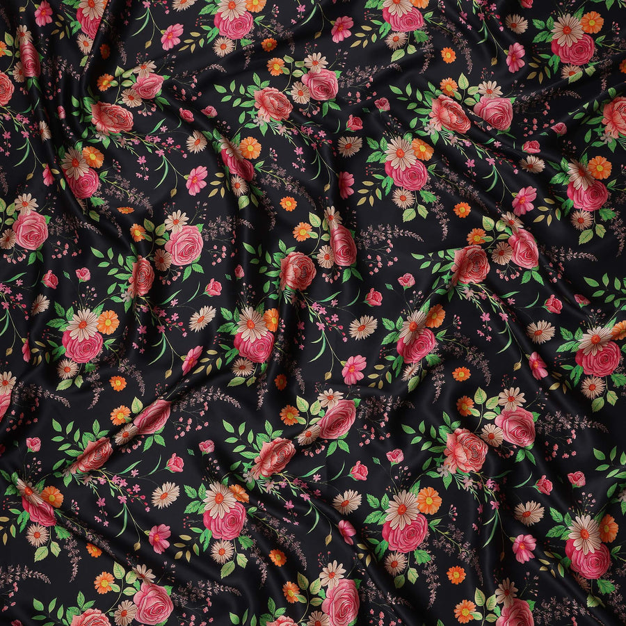 Jet Black Bouquet Floral Silk Satin Fabric 110cm