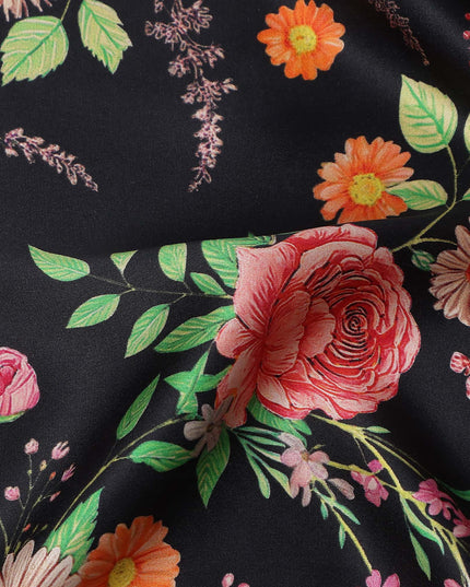 Jet Black Bouquet Floral Silk Satin Fabric 110cm