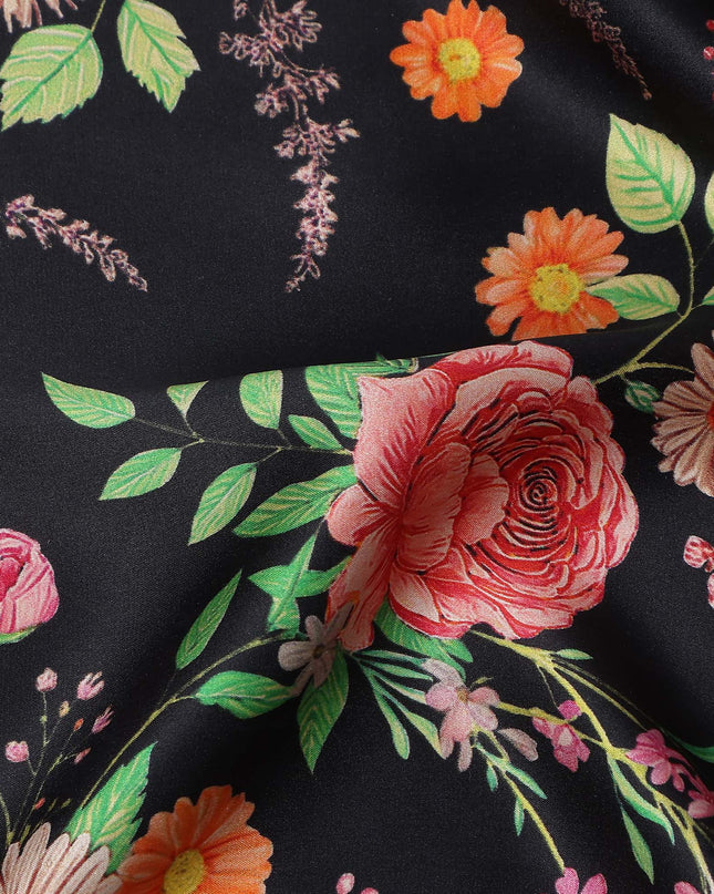 Jet Black Bouquet Floral Silk Satin Fabric 110cm